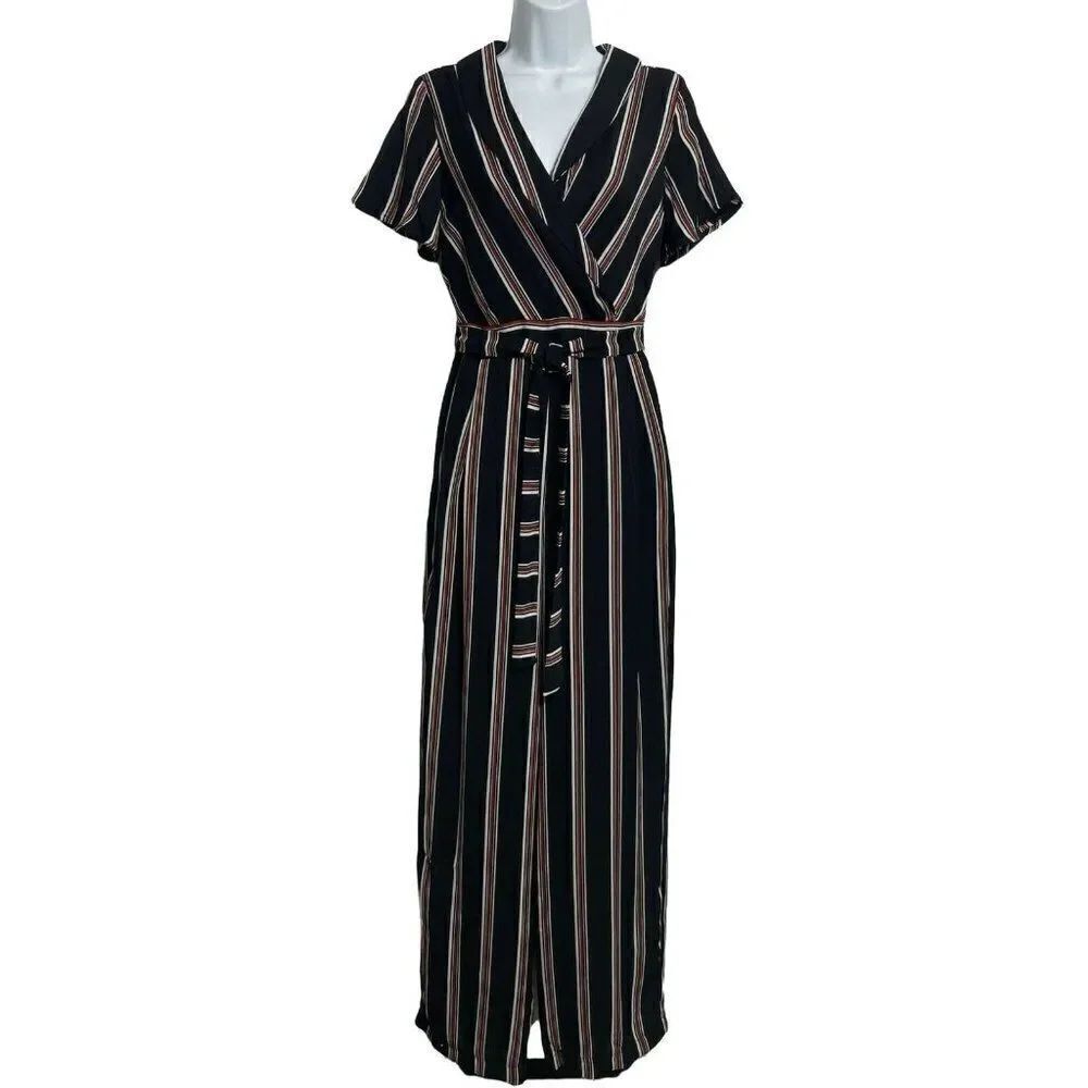 June & Hudson Striped Jumpsuit Womens Size S Black Belted Zip Side